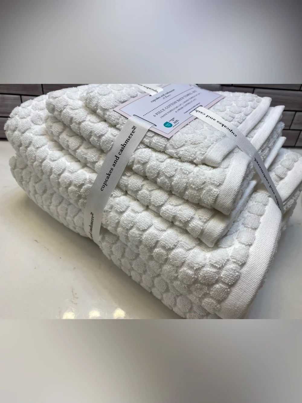 Cupcakes and Cashmere ❤️Polka dot (6) cotton Bath Towel Set White NWT